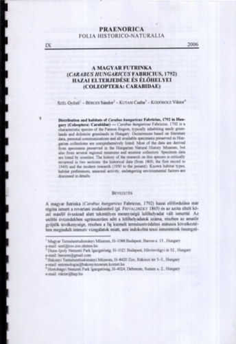 Szl Gyz, Brces Sndor, Kutasi Csaba, Kdbcz Viktor - A Magyar Futrinka ( Carabus Hungaricus Fabricius, 1792 ) Hazai elterjedse s lhelyei ( Coleotera : Carabidae ) - Klnlenyomat