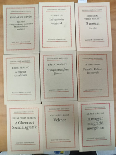 Kosztolnyi Dezs, Blint Gyrgy, Arany Lszl, Cs.Szab Lszl, Erdei Ferenc, Ppai Priz Ferenc, Csokonai Vitz Mihly, Szvatk Pl, Brodarics Istvn - 9 db Gondolkod magyarok: Velence +Spanyolorszgban jrtam +A magyar emigrci mozgalmai +Franklin Delano Roosevelt +A magyar trsadalom +A Glaserus-i Szent Hagyatk +Beszdei+Indogermn magyarok +Igaz lers a magyaroknak a trkkkel