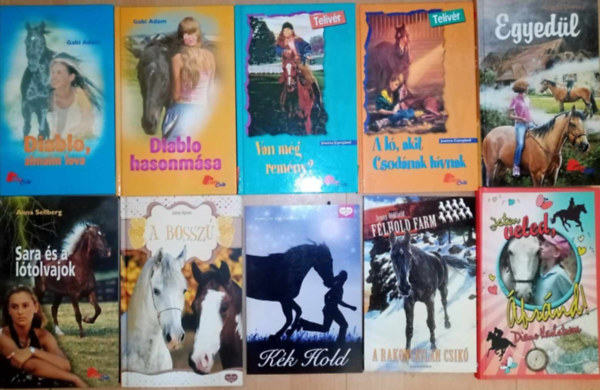 Gabi Adam, Joanna Campbell, Angela Dorsey, Anna Sellberg, Jane Ayres, Marilyn Halvorson, Jenny Oldfield, Diane Karlstrom - (10db) Ifjúsági lovaglóregények könyvcsomag: Diablo, álmaim lova / Diablo hasonmása / Telivér: Van még remény? / Telivér: A ló, akit csodának hívnak / Egyedül / Sara és a lótolvajok / A bosszú / Kék hold / A rakoncátlan csikó / I