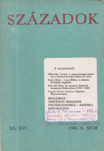 Sz�zadok 115. �vf. 1981. 6. sz�m