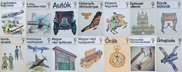 Matthaeidesz Konr�d, Mandel R�bert, S. Kov�cs Ilona, Nagy Istv�n Gy�rgy, Horv�th �rp�d, B�rth J�nos, S�rhidai Gyula, Mialkovszky Erzs�bet, Kiss �va, Kel�nyi Gy�rgy, T�th Lor�nd, B�li - 14 db a Kolibri k�nyvek sorozatb�l: A gy�zelem fegyverei + A vil�g nevezetes h�djai + Aut�k + Ejt�erny�k, sikl�sz�rnyasok + El�deink fegyverei + �p�t�szeti st�lusok + Korok, b�torok + Korok, divatok + K�l�nleges rep�l�g�pek + Mag