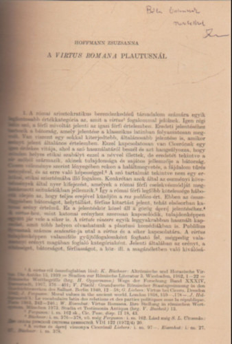 Hoffmann Zsuzsanna - A virtus Romana Plautusn�l - K�l�nlenyomat - Dedik�lt