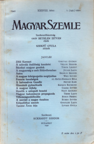 Bethlen Istvn grf - Magyar Szemle 1940. janur XXXVIII. ktet 1. (149.) szm
