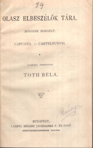 Tth Bla - Olasz elbeszlk tra ( Magyar Knyvtr  msodik sorozat ) Capuana- Castelnuovo