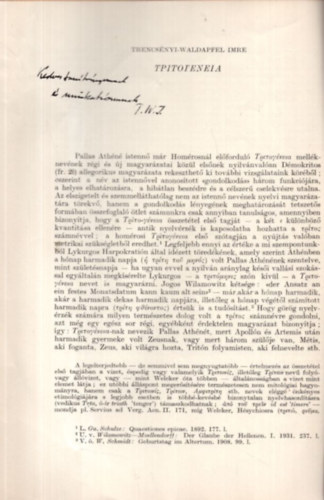 Trencs�nyi-Waldapfel Imre - Tritogeneia (Pallas Ath�ne egyik mell�kneve) dedik�lt - k�l�nlenyomat