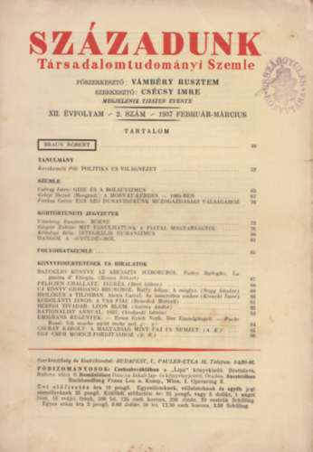 Vmbry Rusztem (szerk.), Cscsy Imre (szerk.) - Szzadunk - Trsadalomtudomnyi szemle (XII. vf., 2. szm - 1937 februr-mrcius)
