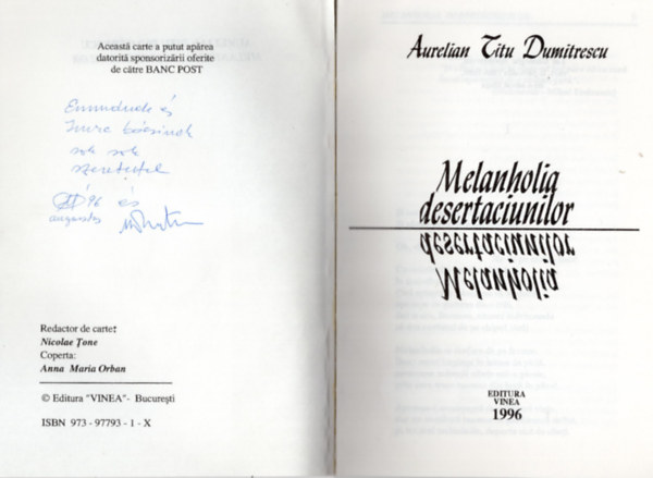 Aurelian Titu Dumitrescu - Melancholia desertaciunilor- dedikált