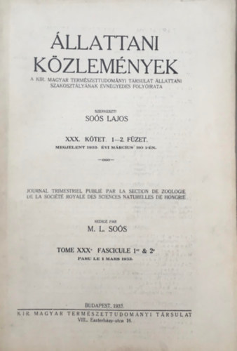 Sos Lajos szerk. - llattani Kzlemnyek XXX. ktet. 1-2. fzet