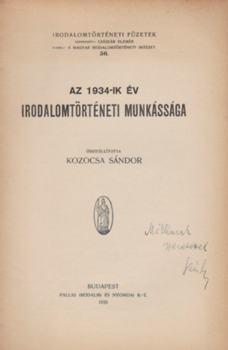 Kozocsa Sándor - Az 1934-ik év irodalomtörténeti munkássága