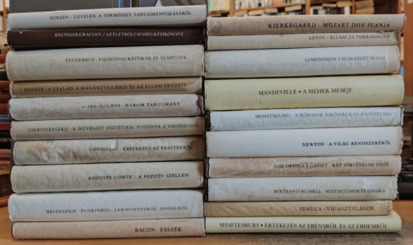 Bacon, Belinszkij, Auguste Comte, Condillac, Csernisevszkij, Dobroljubov, Engels, Feuerbach, Gracián, Herzen, Kierkegaard, Lenin, Lomonoszov, Mandeville, Montesquieu, Newton, Gasset, Russell, Seneca, - 20 db filozófia: Esszék (Bacon); Puskinról, Lermontovról, Gogolról; A pozitív szellem; Értekezés az érzetekről; A művészet esztétikai viszonya a valósághoz; Három tanulmány; A család, a magántulajdon és az Állam eredete; Filozóf