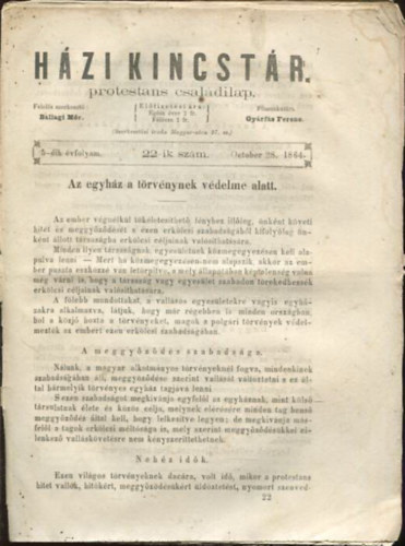 Ballagi Mr (szerk.), Gyrfs Ferenc - Hzi kincstr. Protestns csaldi lap. 5-dik vfolyam. 22-ik szm. October 28. 1864.
