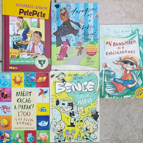 Siri Kolu, Andy Stanton, Magyari Péter, Nógrádi Gábor - 5db mesekönyv - Siri Kolu-Mi, Banditáék és a Rablókaraoke; Andy Stanton-Haragumi és a kekszmilliárdos; Magyari Péter-Bence és a Türkiz Nabu; Miért kacag a patak?; Nógrádi Gábor-PetePite-Az apu én vagyok