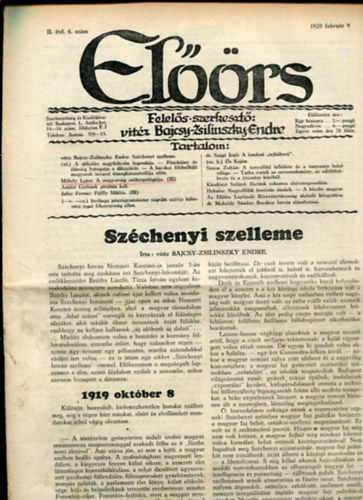 vitéz Bajcsy-Zsilinszky Endre ( felelős szerkesztő) - Előörs folyóirat II. évf. 6. szám. 1929. február 9.