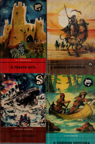 Louis Vaczek, R. L. Stevenson, Dékány András, Karl May - 4 db Delfin: A sivatag haramiája, S.O.S. Titanic, A fekete nyíl, A hudson vándora.