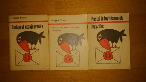 A Magyar Posta 3 kiadványa: Budapest utcajegyzéke + Debrecen, Győr, Miskolc, Pécs, Szeged utcajegyzéke + Postai irányítószámok jegyzéke