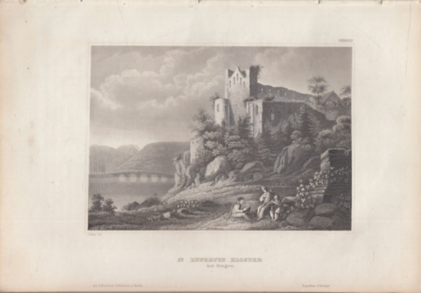 St Rupertus-Kloster (bei Bingen) (Rupertsberg kolostor, Bingen, Németország, Európa) (16x23,5 cm lapméretű eredeti acélmetszet, 1856-ból)