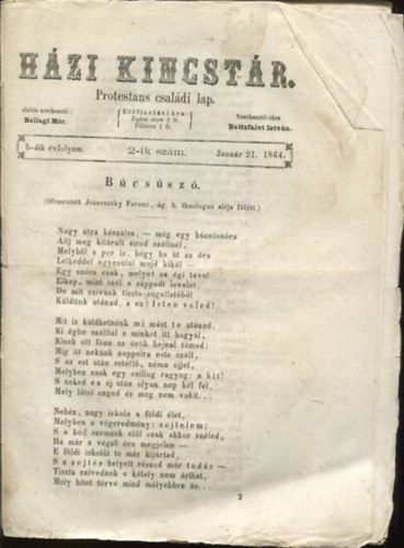 Ballagi Mr (szerk.), Batizfalvi Istvn - Hzi kincstr. Protestns csaldi lap. 5-dik vfolyam. 2-ik szm. Janur 21. 1864.