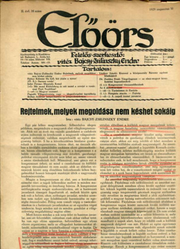 vitz Bajcsy-Zsilinszky Endre ( felels szerkeszt) - Elrs folyirat II. vf. 35. szm. 1929. augusztus 31.
