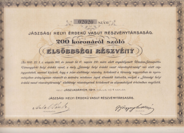 Jászsági Helyi Érdekü Vasut Részvénytársaság Elsőbbségi részvénye (történelmi értékpapír, eredeti)