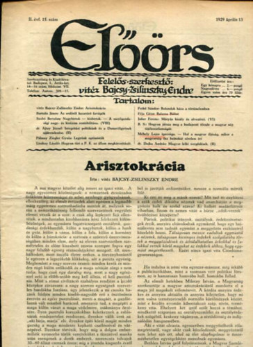 vitz Bajcsy-Zsilinszky Endre ( felels szerkeszt) - Elrs folyirat II. vf. 15. szm. 1929. prilis 13.