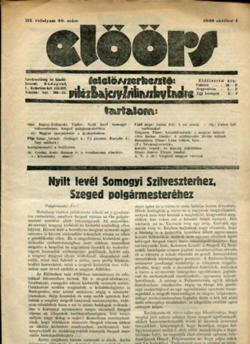 vitz Bajcsy-Zsilinszky Endre ( felels szerkeszt) - Elrs folyirat III. vf. 40. szm. 1930. oktber 4.