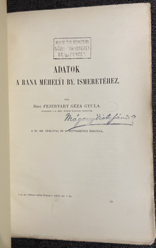 Fejrvry Gza Gyula, Kadic Ottokr dr. - Adatok a Rana Mhelyi BY. ismertetshez - A Szeleta-barlang kutatsnak eredmnyei