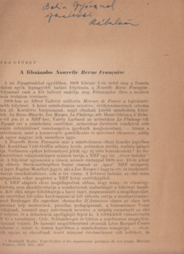 R�ba Gy�rgy - A f�lsz�zados Nouvelle Revue Francaise - K�l�nlenyomat (Dedik�lt