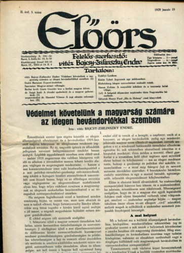 vitz Bajcsy-Zsilinszky Endre ( felels szerkeszt) - Elrs folyirat II. vf. 3. szm. 1929. janur 19.