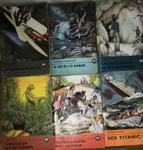 Thomas Hardy, Orbán Dezső, Alekszandr Beljajev, Dékány András, Jean Muray, Tőke Péter - 6db mű a Delfin könyvek sorozatból - Veszedelem az ősvilágból, Tulipános Fanfan első kalandjai, SOS Titanic!, A kétéltű ember, Az ezüstflotta kincse, Kalandozásaink az Ördöglyukban