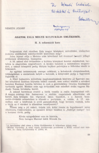 Németh József - Adatok Zala megye kulturális emlékeiről I. Középkor + II. A reformáció kora - Különlenyomat ( Mindkettő dedikált. )