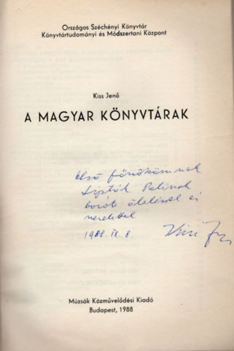 Kiss Jen� - A magyar k�nyvt�rak - dedik�lt