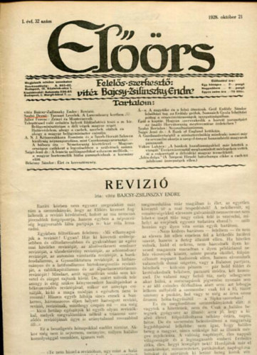 vitz Bajcsy-Zsilinszky Endre ( felels szerkeszt) - Elrs folyirat I. vf. 32. szm. 1928. oktber 21.