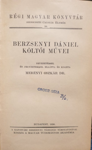 Mernyi Oszkr dr. (szerk.) - Berzsenyi Dniel klti mvei