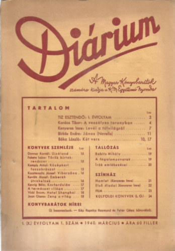 M�t� K�roly - Di�rium I. (X.) �vfolyam 1. Sz�m - 1940 M�rcius