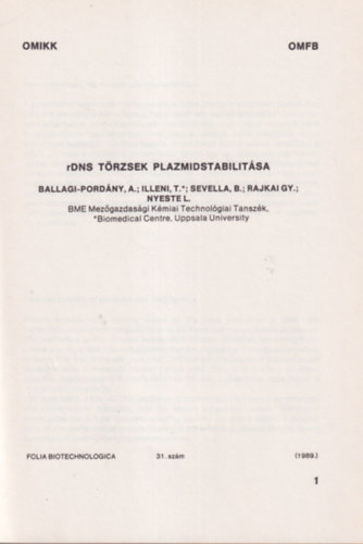 Fazekasné Horváth Zsuzsanna - rDNS törzsek plazmidstabilitása - Folia biotechnologica 31. sz.