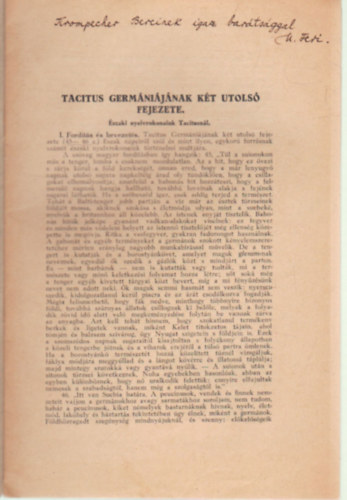 Nagy Ferenc - Tacitus germániájának két utolsó fejezete - Északi nyelvrokonaink Tacitusnál- Különlenyomat- dedikált