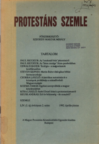 Szegedy-Maszk Mihly (fszerk.) - Protestns szemle   LIV.(I.j) vfolyam 2.szm 1992.prilis-jnius