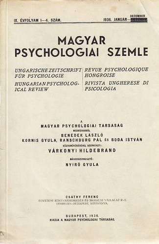Vrkonyi Hildebrand (szerk.) - Magyar Psychologiai Szemle 1936/1-4. szm (IX., teljes vfolyam, janur-december)