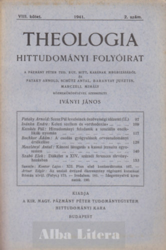 Ivnyi Jnos (szerk) - Theologia hittudomnyi folyirat VIII. ktet 1941. 2. szm