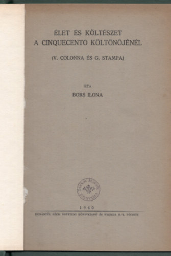 Bors Ilona - �let �s k�lt�szet a cinquecento k�lt�n�j�n�l (V. Colonna �s G. Stampa)