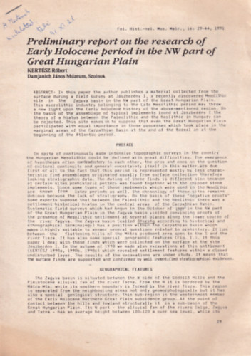 Kert�sz R�bert - Preliminary report  on the research of Early Holocene period in the NW part of Great Hungarian Plain - dedik�lt - K�l�nlenyomat