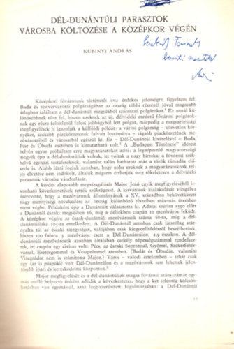 Kubinyi Andr�s, Kanyar J�zsef (szerk.) - D�l-dun�nt�li parasztok v�rosba k�lt�z�se a k�z�pkor v�g�n - dedik�lt -  Somogy megye m�ltj�b�l ( Lev�lt�ri �vk�nyv 3. ) K�l�nlenyomat