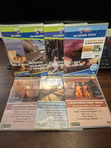 7 db ismeretterjeszt� DVD: A Buddhizmus Szent Helyei (�p�t�szeti m�remekek Indi�t�l Jap�nig), A Selyem�t Ment�n K�n�t�l Velenc�ig (egy �si kereskedelmi �tvonal feledez�se), A Civiliz�ci�s B�lcs�i (�kori birdalmak Egyiptomt�l At