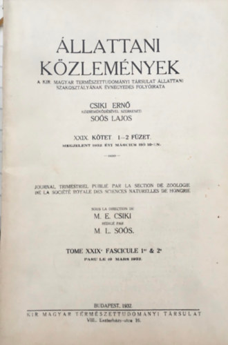 Dr. Soós Lajos (szerk.) - Állattani Közlemények XXIX. kötet 1-2 füzet (1932)