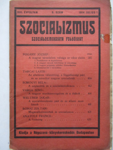 Kunfi Zsigmond (szerk.) - Szocializmus (Szocildemokrata folyirat) 1914 Jnius 1. 8.szm