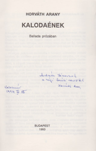 Horváth Arany - Kalodaének (Dedikált)