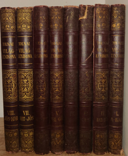 A Tolnai Új Világlexikonának első 8 kötete: I. A-Bad II. Bad-Bur III. Bur-Don, IV. Don-Fel, V. Fel-Gőz, VI. Gőz-Hit VII. Hit-Jós. VIII. Jós-Kob