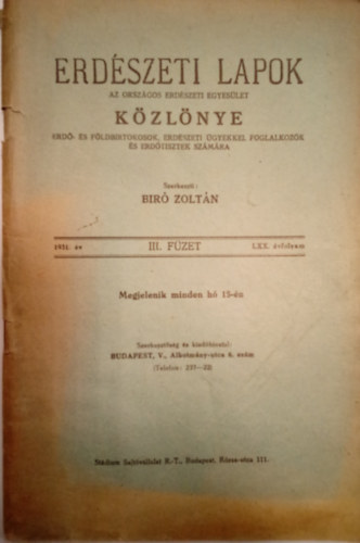 B�r� Zolt�n (Szerk.) - Erd�szeti Lapok K�zl�nye 1931. �v III. F�zet