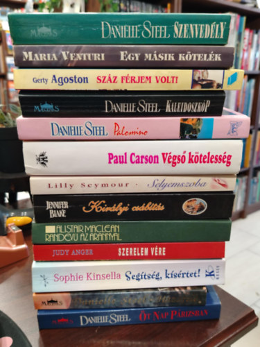 Danielle Steel, Maria Venturi, Gerty Agoston, Paul Carson, Lilly Seymour, Jennifer Blake, Alistair MacLean, Judy Anger, Sophie Kinsella - K�NYVMENT� AJ�NLAT, 13 DB. Romantika. Szenved�ly, Egy m�sik k�tel�k, Sz�z f�rjem volt!, Kaleidoszk�p, Palomino, V�gs� k�teless�g, Selyemszoba, Kir�lyi cs�b�t�s, Randev� az arannyal, Szerelem v�re, Seg�ts�g, k�s�rtet!, Kil�t�