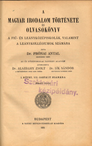 dr. Pr�nai Antal - A magyar irodalom t�rt�nete �s olvas�k�nyv ...